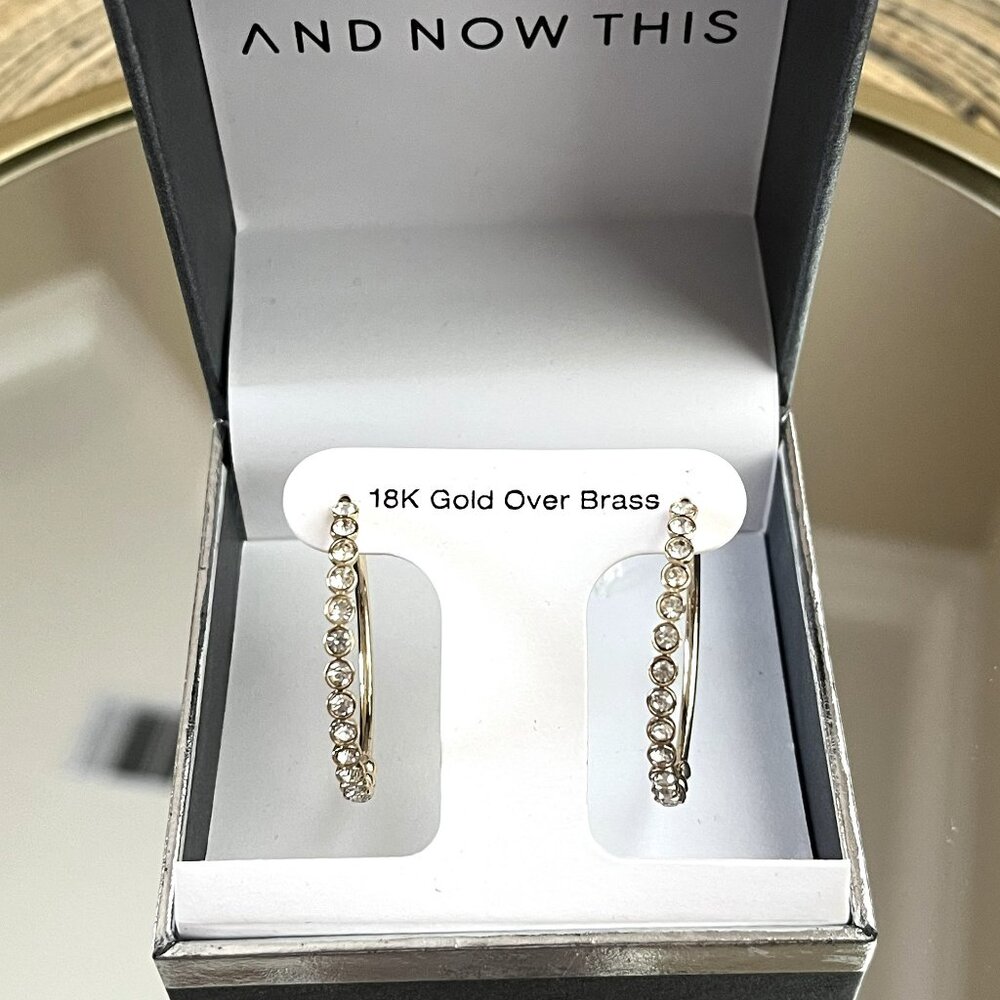 NEW And Now This High Polished Clear Crystal Duo C Hoop Earring Pair, Gold Plate